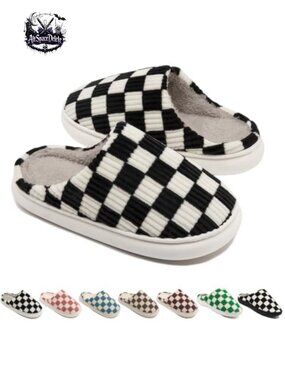 Checkered House Slippers Memory Foam Faux Fur Anti-Slip Indoor Outdoor